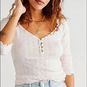 Free People We the Free Wild Heart White Long sleeve Henley Top Womens Size L